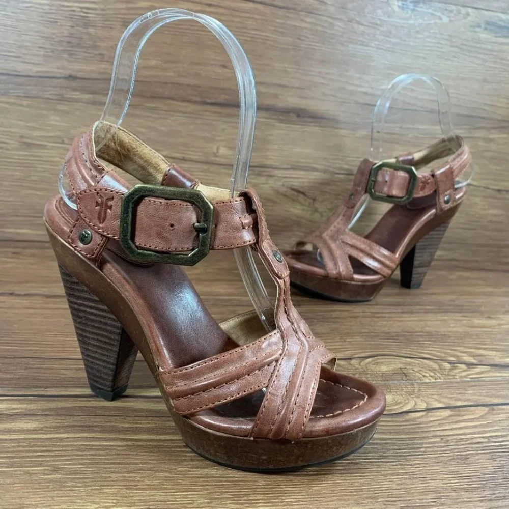 Frye Sage Trapunto Brown Leather Heels Sandals Women’s Size 5.5